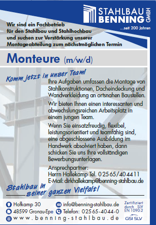 Monteure (m/w/d) zum nächstmöglichen Termin - Stahlbau Benning